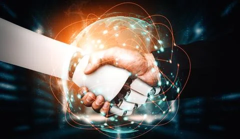 MLP 3D rendering humanoid robot handshake to collaborate future technology 스톡 일러스트