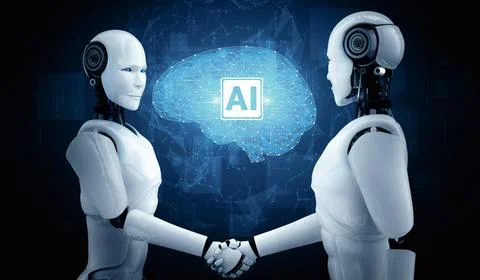 MLP 3D rendering humanoid robot handshake to collaborate future technology 스톡 일러스트