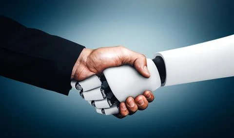 MLP 3D rendering humanoid robot handshake to collaborate future technology 스톡 일러스트