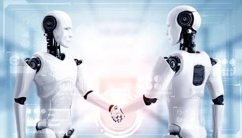 MLP 3D rendering humanoid robot handshake to collaborate future technology イラスト素材