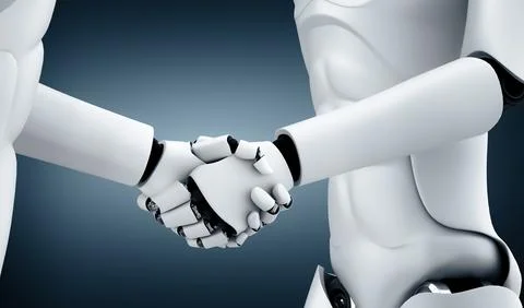 MLP 3D rendering humanoid robot handshake to collaborate future technology Illustrazione stock