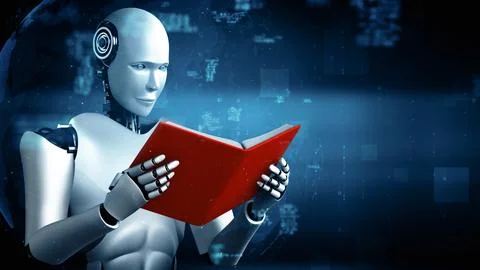 MLP 3D rendering of robot hominoid reading book and solving math イラスト素材