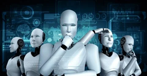 MLP 3D rendering of robot hominoid group Illustrazione stock