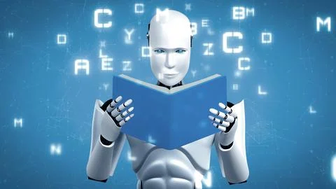 MLP 3D rendering of robot hominoid reading book Stock Illustration