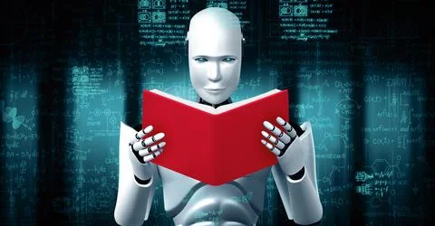 MLP 3D rendering of robot hominoid reading book and solving math 스톡 일러스트