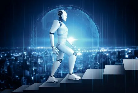 MLP 3D rendering robot humanoid walk up stair to success Illustrazione stock