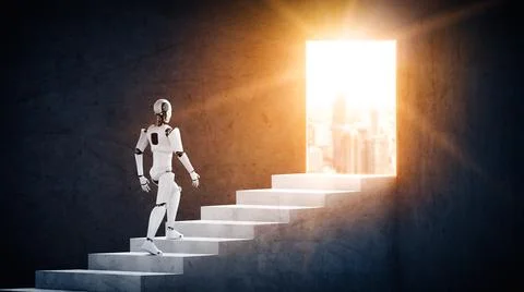 MLP 3D rendering robot humanoid walk up stair to success Stock Illustration