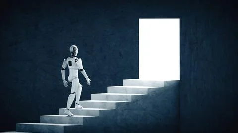 MLP 3D rendering robot humanoid walk up stair to success Stock Illustration