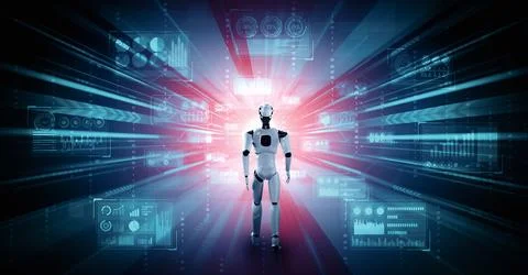 MLP 3D rendering robot humanoid analyzing big data using AI thinking Stock Illustration