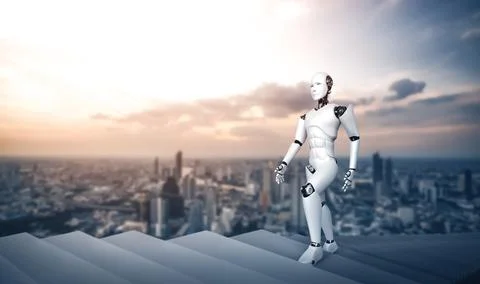 MLP 3D rendering robot humanoid walk up stair to success Illustrazione stock