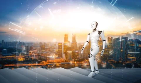 MLP 3D rendering robot humanoid walk up stair to success Stock Illustration