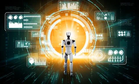 MLP 3D rendering robot humanoid analyzing big data using AI thinking Stock Illustration