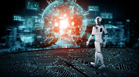 MLP 3D rendering robot humanoid analyzing big data using AI thinking Stock Illustration