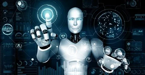 MLP AI hominoid robot touching virtual hologram screen showing concept of big Stock Illustration