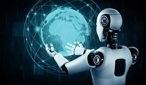 MLP AI humanoid robot holding hologram screen shows concept of global 스톡 일러스트