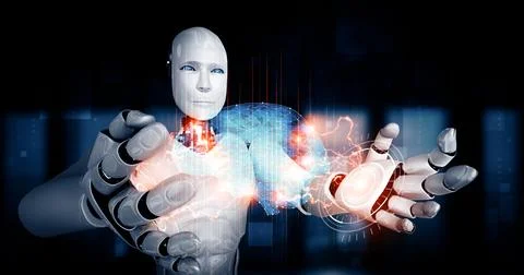 MLP AI humanoid robot holding virtual hologram screen showing concept of AI 스톡 일러스트