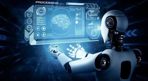 MLP AI humanoid robot holding virtual hologram screen showing concept of AI 스톡 일러스트