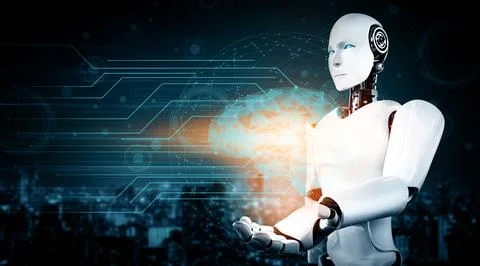 MLP AI humanoid robot holding virtual hologram screen showing concept of AI 스톡 일러스트
