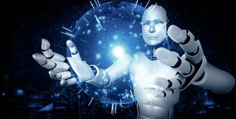 MLP AI humanoid robot holding hologram screen shows concept of global 스톡 일러스트