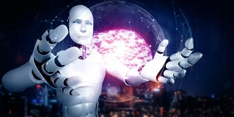 MLP AI humanoid robot holding virtual hologram screen showing concept of AI 스톡 일러스트