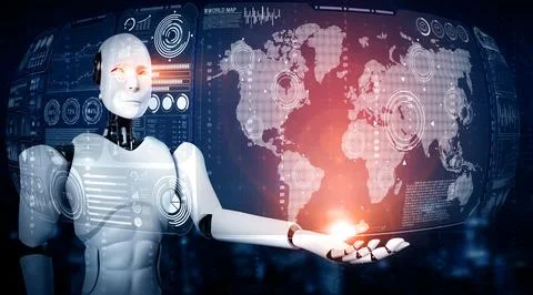 MLP AI humanoid robot holding hologram screen shows concept of global 스톡 일러스트