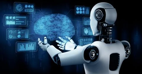 MLP AI humanoid robot holding virtual hologram screen showing concept of AI 스톡 일러스트