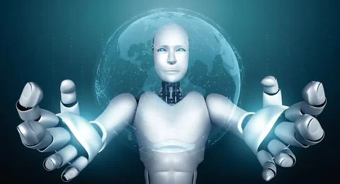MLP AI humanoid robot holding hologram screen shows concept of global Stock Illustration