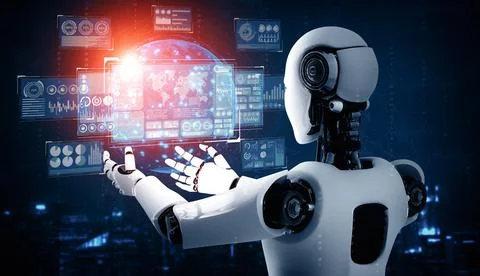 MLP AI humanoid robot holding virtual hologram screen showing concept of big Stock Illustration