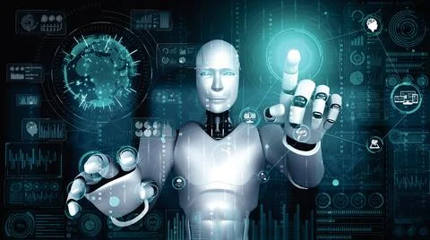 MLP AI humanoid robot touching virtual hologram screen showing concept of big 스톡 일러스트