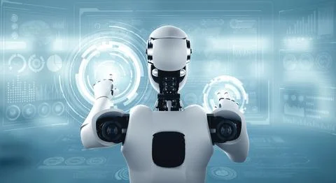 MLP AI humanoid robot touching virtual hologram screen showing concept of big 스톡 일러스트