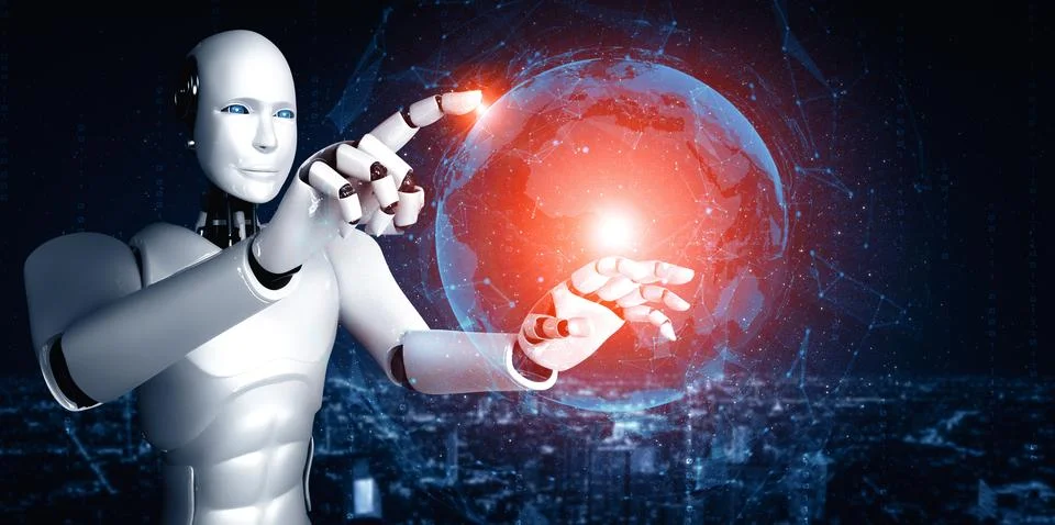 MLP AI humanoid robot touching hologram screen shows concept of global 스톡 일러스트
