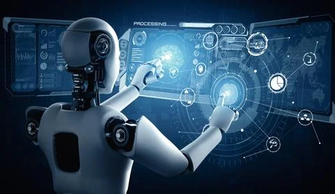 MLP AI humanoid robot touching virtual hologram screen showing concept of AI 스톡 일러스트