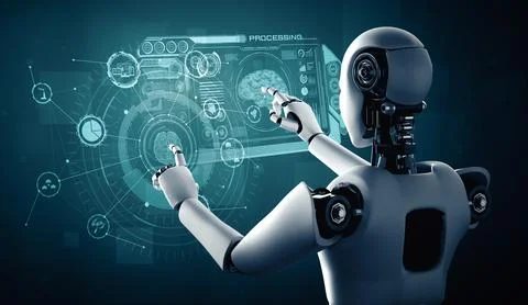 MLP AI humanoid robot touching virtual hologram screen showing concept of AI 스톡 일러스트