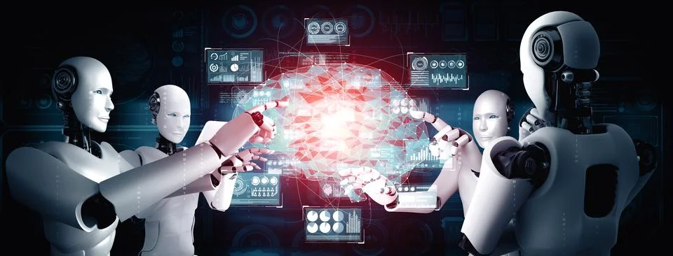 MLP AI humanoid robot touching virtual hologram screen showing concept of AI 스톡 일러스트