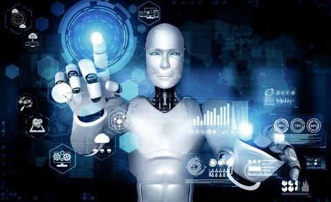 MLP AI humanoid robot touching hologram screen shows concept of global 스톡 일러스트