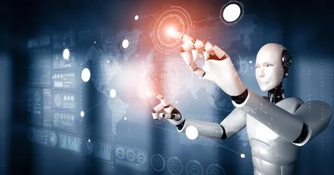 MLP AI humanoid robot touching virtual hologram screen showing concept of big Stockillustratie