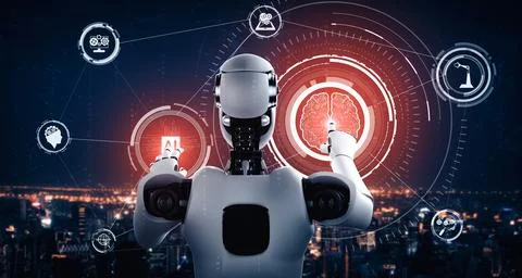 MLP AI humanoid robot touching virtual hologram screen showing concept of AI 스톡 일러스트