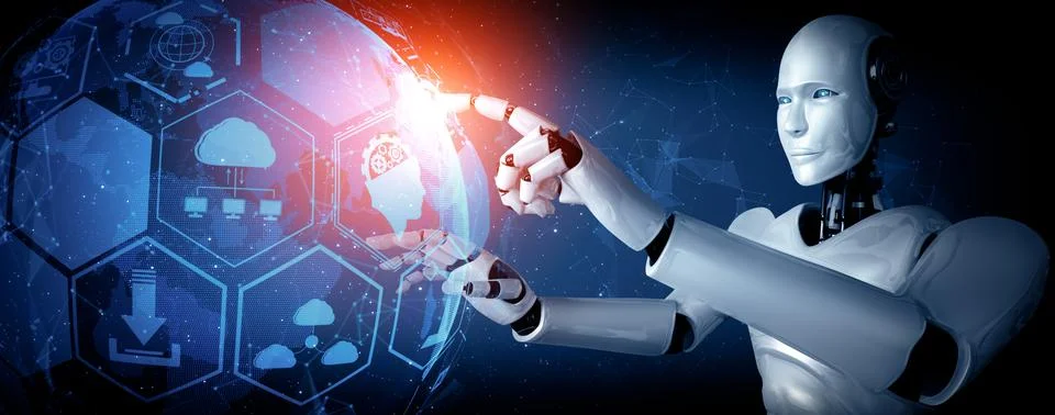 MLP AI humanoid robot touching hologram screen shows concept of global Stock Illustration
