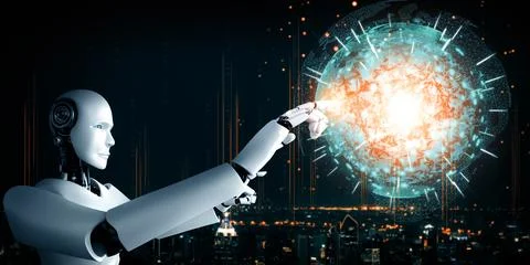 MLP AI humanoid robot touching hologram screen shows concept of global Stock Illustration