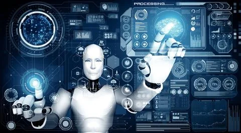 MLP AI humanoid robot touching virtual hologram screen showing concept of big Stock Illustration