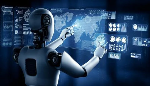 MLP AI humanoid robot touching virtual hologram screen showing concept of big 스톡 일러스트