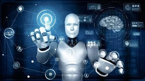 MLP AI humanoid robot touching virtual hologram screen showing concept of AI Stock Illustration