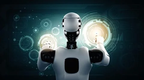 MLP AI humanoid robot touching virtual hologram screen showing concept of big Stock Illustration