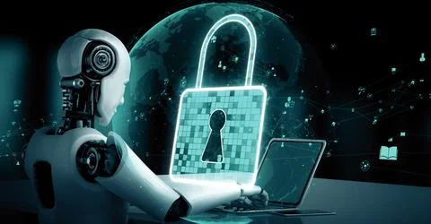 MLP AI robot huminoid uses cloud computing technology to store data on online Illustrazione stock