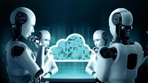 MLP AI robot huminoid uses cloud computing technology to store data on online Stock Illustration
