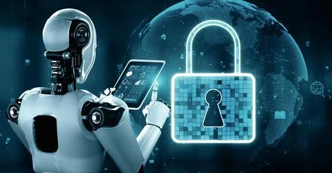 MLP AI robot huminoid uses cloud computing technology to store data on online Stock Illustration