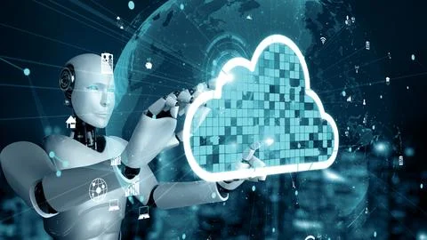MLP AI robot huminoid uses cloud computing technology to store data on online Illustrazione stock