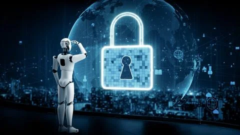 MLP AI robot huminoid uses cloud computing technology to store data on online Stock Illustration