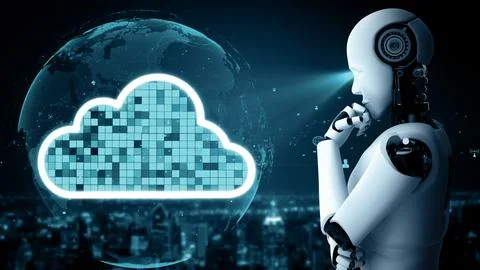 MLP AI robot huminoid uses cloud computing technology to store data on online Illustrazione stock