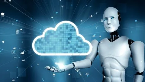 MLP AI robot huminoid uses cloud computing technology to store data on online Illustrazione stock